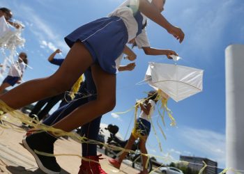 Brasília - Alunos do SESC soltam pipas com trechos de livros e poesias, no espaço entre a Biblioteca Nacional e o Museu Nacional de Brasília. (Marcelo Camargo/Agência Brasil)