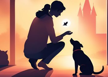 Uma pessoa abraçando seu cachorro ou gato em um ambiente aconchegante, como um sofá em uma sala de estar iluminada. O animal de estimação demonstra carinho e alegria, enquanto a pessoa sorri.