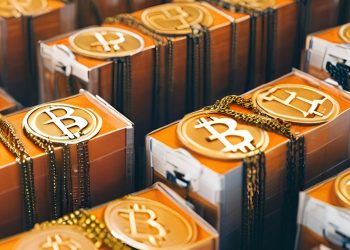 Uma representação visual do Bitcoin, com a moeda dourada e brilhante destacando-se em um fundo tecnológico, simbolizando a união entre o mundo financeiro tradicional e a inovação digital.