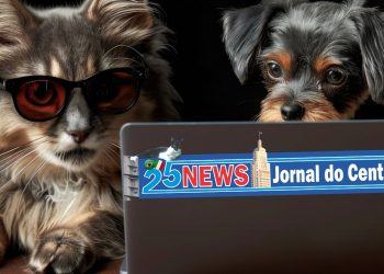 Um cão e um gato deitados lado a lado, comendo ração seca de tigelas separadas. A expressão deles é triste e cansada.