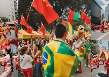 Multidão animada celebra o Dia do Imigrante Chinês em São Paulo, com bandeiras do Brasil e da China, apresentações culturais e barracas de comida típica.