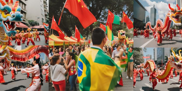 Multidão animada celebra o Dia do Imigrante Chinês em São Paulo, com bandeiras do Brasil e da China, apresentações culturais e barracas de comida típica.
