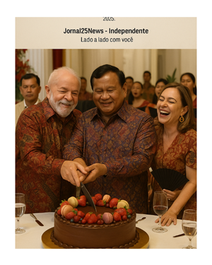 🎂🌏 Lula e o presidente da Indonésia viram o centro da festa no Palácio Merdeka — com bolo, batik e até “Garota de Ipanema”!