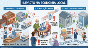 Impacto na Economia Local:
Comércio de Bairro: Pequenas lojas e prestadores de serviços, são alvos visados devido ao grande volume de transações digitais e, muitas vezes, menor investimento em sistemas de segurança em computadores de caixa.
População Idosa: O aumento de “vírus de suporte remoto” — onde o criminoso assume o controle do aparelho para “ajudar” a vítima — tem causado prejuízos severos a aposentados na nossa região.
Custo da Insegurança: Bancos e seguradoras já discutem o aumento de taxas de serviços e seguros, contra fraudes digitais para cobrir o rombo causado pela sofisticação dos ataques .