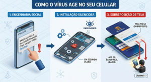 Engenharia Social: O ataque geralmente começa com uma mensagem de SMS ou WhatsApp, fingindo ser de uma central de segurança bancária ou sobre uma suposta entrega de encomenda atrasada.