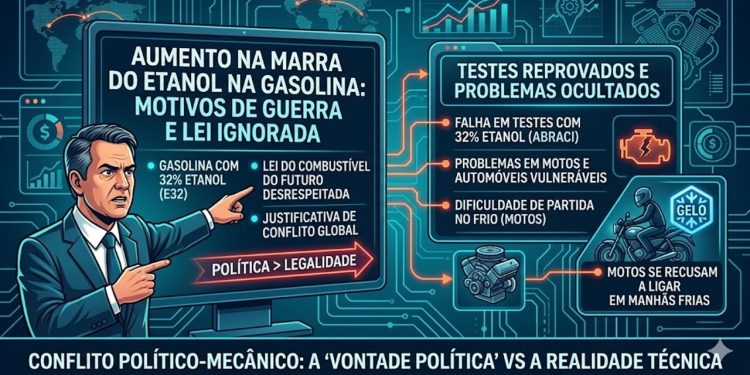 Alexandre Silveira confessa que não seguirá prazos da Lei do Combustível do Futuro alegando "motivos de guerra"; bastidores revelam que mistura de 32% causou panes em motos e dificuldades de partida no frio.