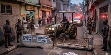 OFENSIVA CONTRA O ISOLAMENTO: Agentes de segurança derrubam entraves físicos em território sob suspeita.