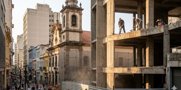 O VETO DO PASSADO: Esqueleto de concreto dará vez a jardim após barreira de templos centenários.