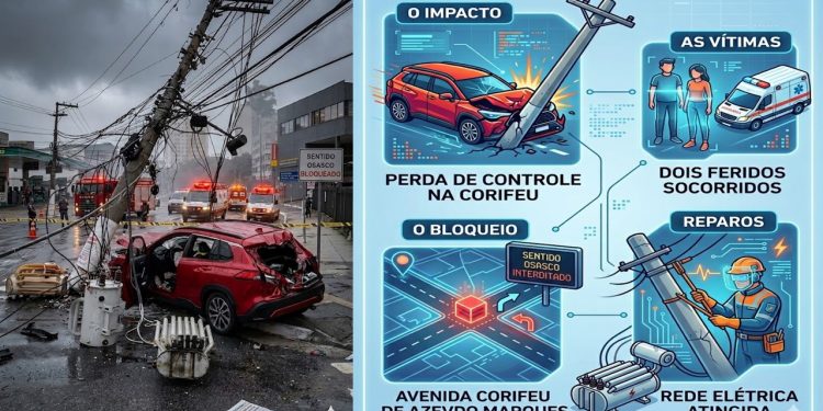 DESTRUIÇÃO NA PISTA:  Automóvel atinge poste de concreto e vitima dupla de adolescentes no Jaguaré.