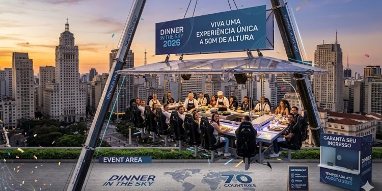 BANQUETE NAS ALTURAS: DINNER IN THE SKY EXPÕE CONTRASTE EM SP.