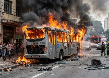 CHAMAS NO COLETIVO: ÔNIBUS PEGA FOGO NA TEODORO SAMPAIO.