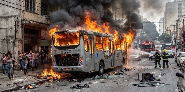 CHAMAS NO COLETIVO: ÔNIBUS PEGA FOGO NA TEODORO SAMPAIO.