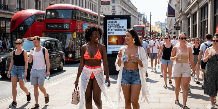 MUNDO ESCALDANTE: Calor extremo leva biquíni às ruas de Londres.