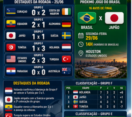 ⚽ BOLETIM DIÁRIO DA COPA 25NEWS:Holanda confirma liderança, Japão será o adversário do Brasil e rodada define novos classificados