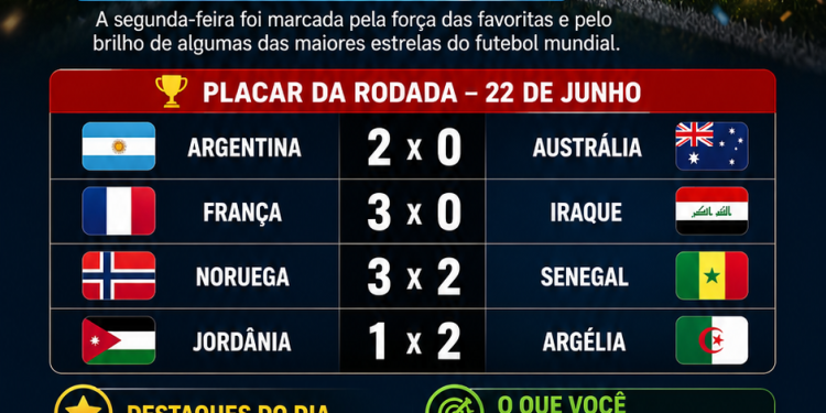 PLACAR DA RODADA: 🇦🇷 Argentina 2 x0 Austrália; França3 x 0 Iraque; Noruega 3×2 Senegal: Jordânia 1×2 Argélia