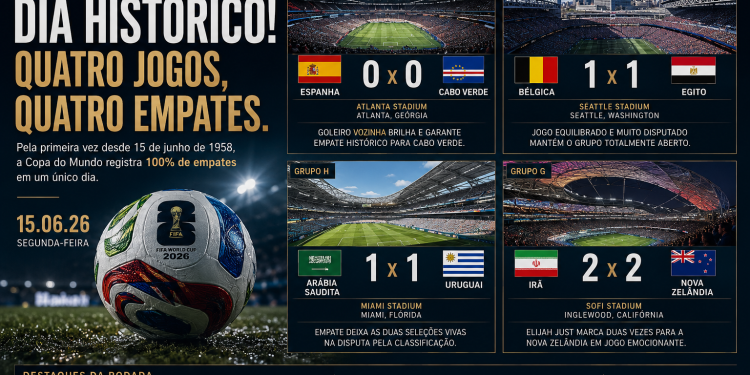 🏆 COPA DO MUNDO 2026: Espanha tropeça diante de Cabo Verde, Bélgica não passa pelo Egito, Uruguai empata com a Arábia Saudita e Irã e Nova Zelândia protagonizam o jogo mais emocionante do dia