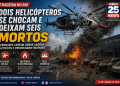 DOIS HELICÓPTEROS COLIDEM NO AR E DEIXAM SEIS MORTOS NO RIO Aeronaves caíram no Recreio dos Bandeirantes, provocaram explosão e incêndio em veículos elétricos; causas do ac
