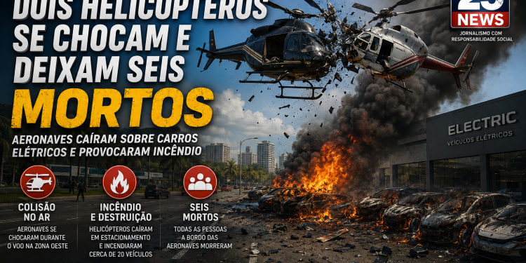DOIS HELICÓPTEROS COLIDEM NO AR E DEIXAM SEIS MORTOS NO RIO Aeronaves caíram no Recreio dos Bandeirantes, provocaram explosão e incêndio em veículos elétricos; causas do ac