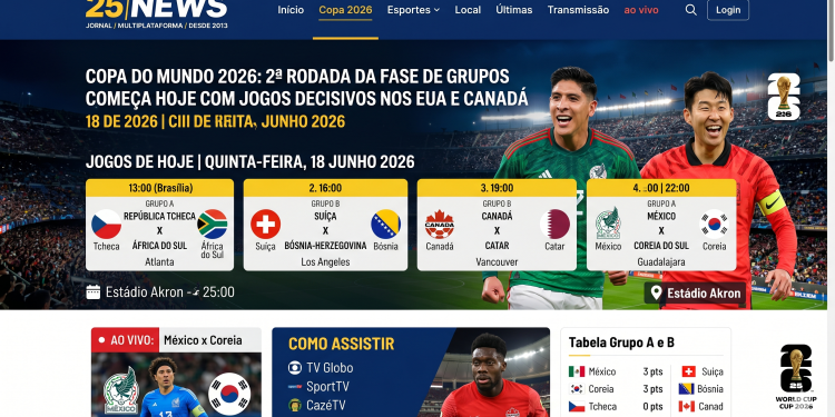 GIRO 25NEWS – OS JOGOS DE HOJE: 🇨🇿 República Tcheca x África do Sul 🇿🇦;🇨🇭 Suíça x Bósnia e Herzegovina 🇧🇦;🇨🇦 Canadá x Catar 🇶🇦; 🇲🇽 México x Coreia do Sul 🇰🇷