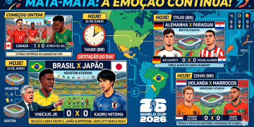 A Copa do Mundo de 2026 segue a todo vapor com as decisões do mata-mata: hoje é dia de Brasil X Japão (14hs);Alemanha X Paraguai (17:30hs); Holanda X Marrocos( 22:00hs)