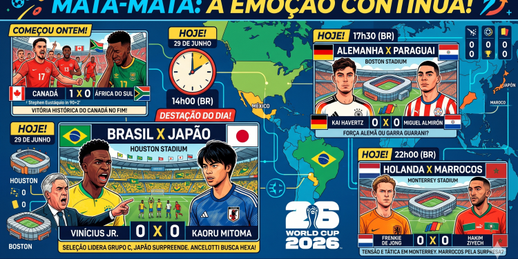 A Copa do Mundo de 2026 segue a todo vapor com as decisões do mata-mata: hoje é dia de Brasil X Japão (14hs);Alemanha X Paraguai (17:30hs); Holanda X Marrocos( 22:00hs)