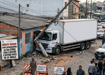 TRÂNSITO TRAVADO: CAMINHÃO ATINGE CASA E DESTRÓI POSTE NO JD. ÂNGELA