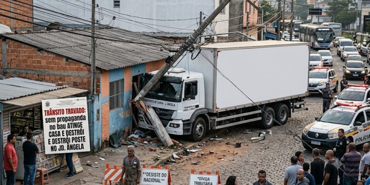 TRÂNSITO TRAVADO: CAMINHÃO ATINGE CASA E DESTRÓI POSTE NO JD. ÂNGELA