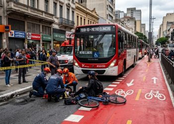 CAOS NO CENTRO: ÔNIBUS ATROPELA CICLISTA AO LADO DE CICLOVIA