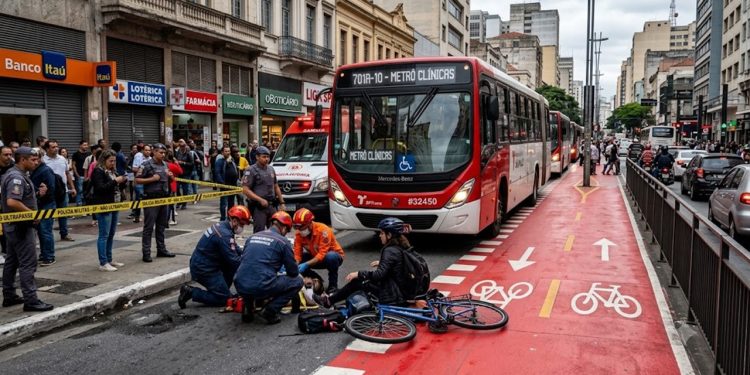 CAOS NO CENTRO: ÔNIBUS ATROPELA CICLISTA AO LADO DE CICLOVIA