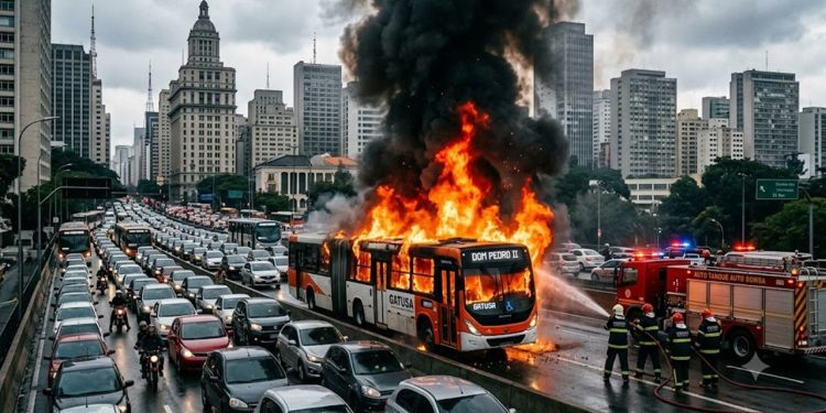 CHAMAS NA 23: Ônibus pega fogo e paralisa São Paulo