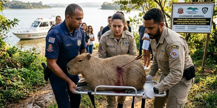CRUELDADE NA GUARAPIRANGA: CAPIVARA MORRE APÓS SER RESGATADA COM FLECHA CRAVADA NO CORPO