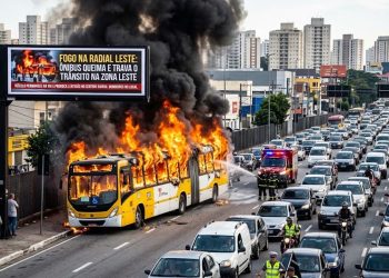 FOGO NA RADIAL LESTE: ÔNIBUS QUEIMA E TRAVA O TRÂNSITO NA ZONA LESTE
