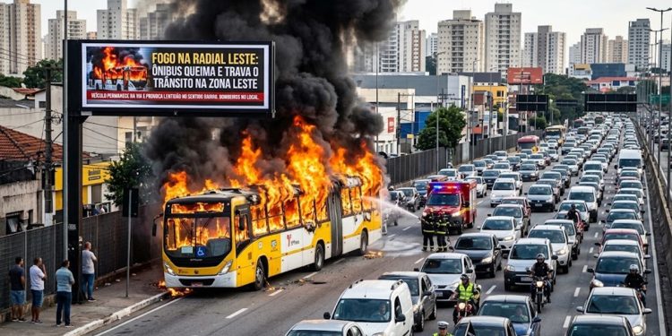 FOGO NA RADIAL LESTE: ÔNIBUS QUEIMA E TRAVA O TRÂNSITO NA ZONA LESTE