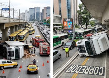 TRAPALHADA NO GPS: CAMINHÃO DE 15 TONELADAS TOMBA E TRAVA CORREDOR DE ÔNIBUS NA ZONA OESTE DE SP