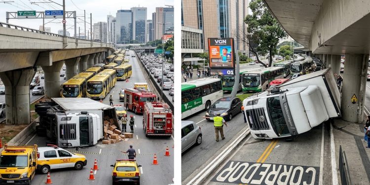 TRAPALHADA NO GPS: CAMINHÃO DE 15 TONELADAS TOMBA E TRAVA CORREDOR DE ÔNIBUS NA ZONA OESTE DE SP