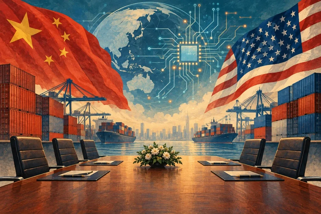 Ilustração editorial gerada por IA sobre acordo comercial entre China e Estados Unidos