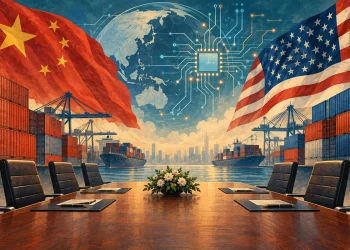 Ilustração editorial gerada por IA sobre acordo comercial entre China e Estados Unidos