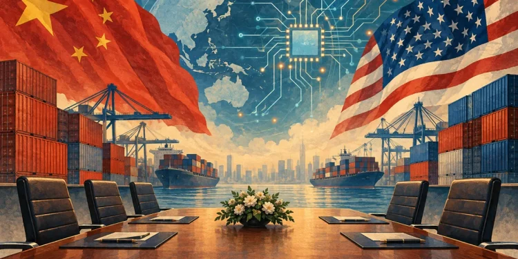 Ilustração editorial gerada por IA sobre acordo comercial entre China e Estados Unidos