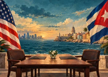 Ilustração editorial gerada por IA sobre trump fala em acordo com cuba em meio à pressão americana sobre a ilha