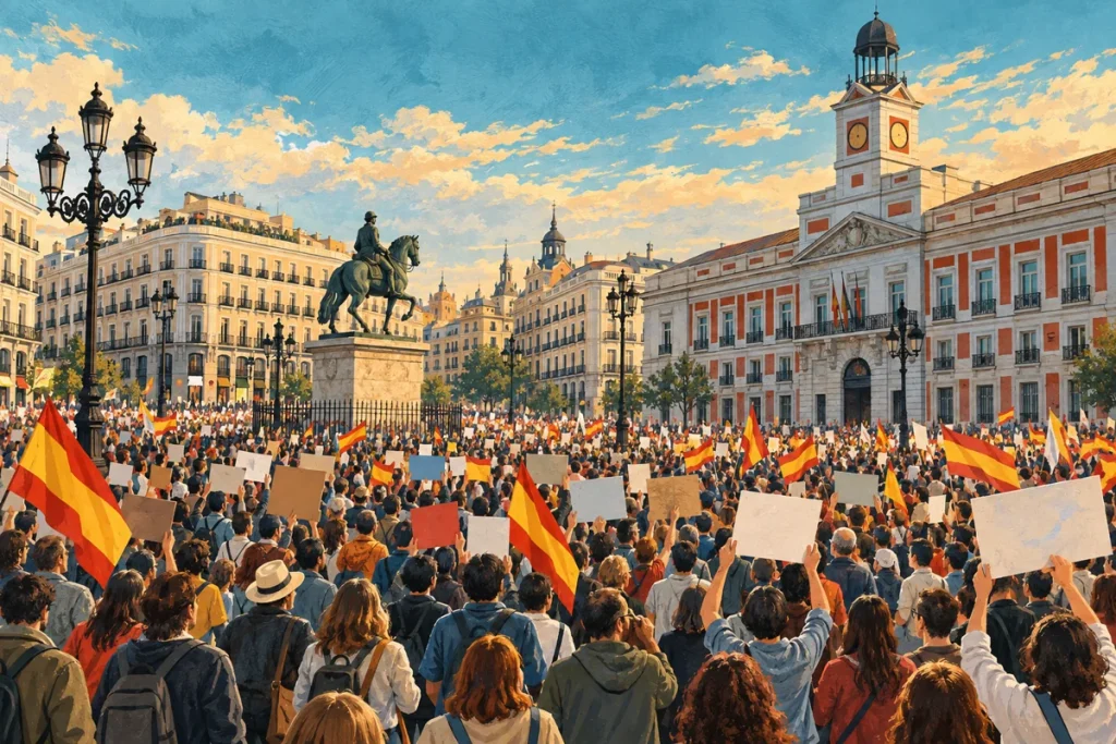Ilustração editorial gerada por IA sobre protesto em madri cobra eleições e critica gestão da crise em ceuta