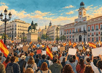 Ilustração editorial gerada por IA sobre protesto em madri cobra eleições e critica gestão da crise em ceuta