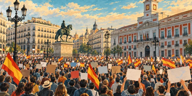 Ilustração editorial gerada por IA sobre protesto em madri cobra eleições e critica gestão da crise em ceuta