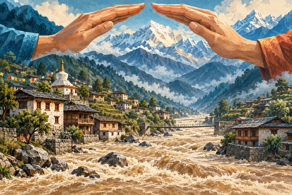 Ilustração editorial gerada por IA sobre nepal cobra cooperação climática na onu após enchentes devastadoras