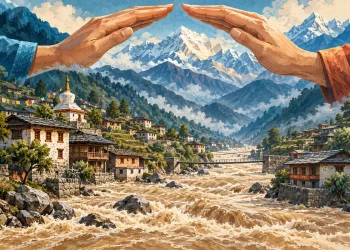 Ilustração editorial gerada por IA sobre nepal cobra cooperação climática na onu após enchentes devastadoras