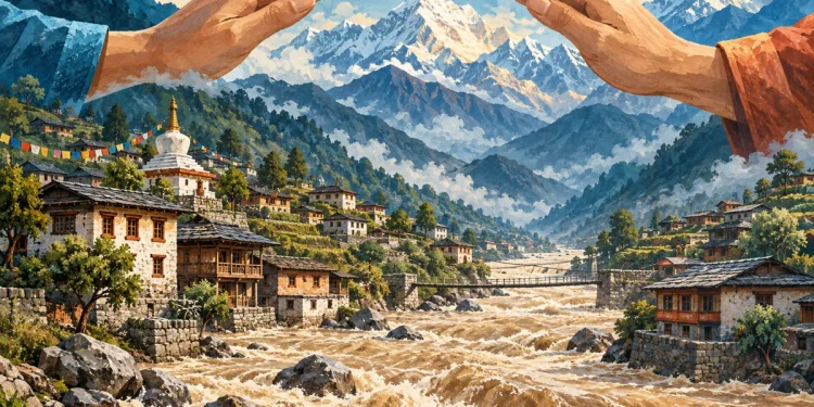 Ilustração editorial gerada por IA sobre nepal cobra cooperação climática na onu após enchentes devastadoras