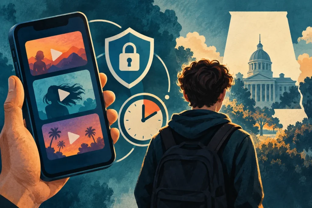 Ilustração editorial gerada por IA sobre tiktok aceita restrições para adolescentes em acordo no alabama