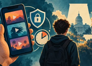 Ilustração editorial gerada por IA sobre tiktok aceita restrições para adolescentes em acordo no alabama