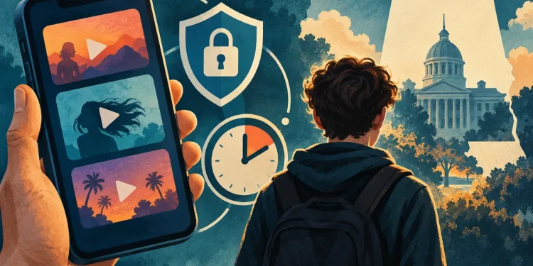 Ilustração editorial gerada por IA sobre tiktok aceita restrições para adolescentes em acordo no alabama