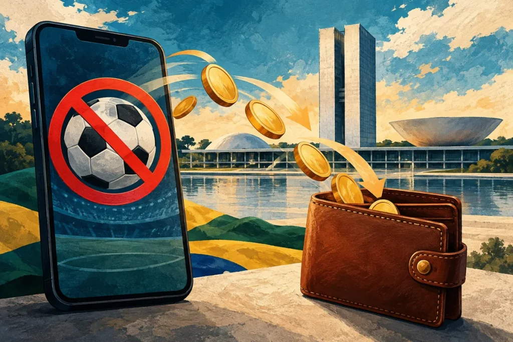 Ilustração editorial gerada por IA sobre governo anuncia fim das bets e define calendário para devolução de saldos
