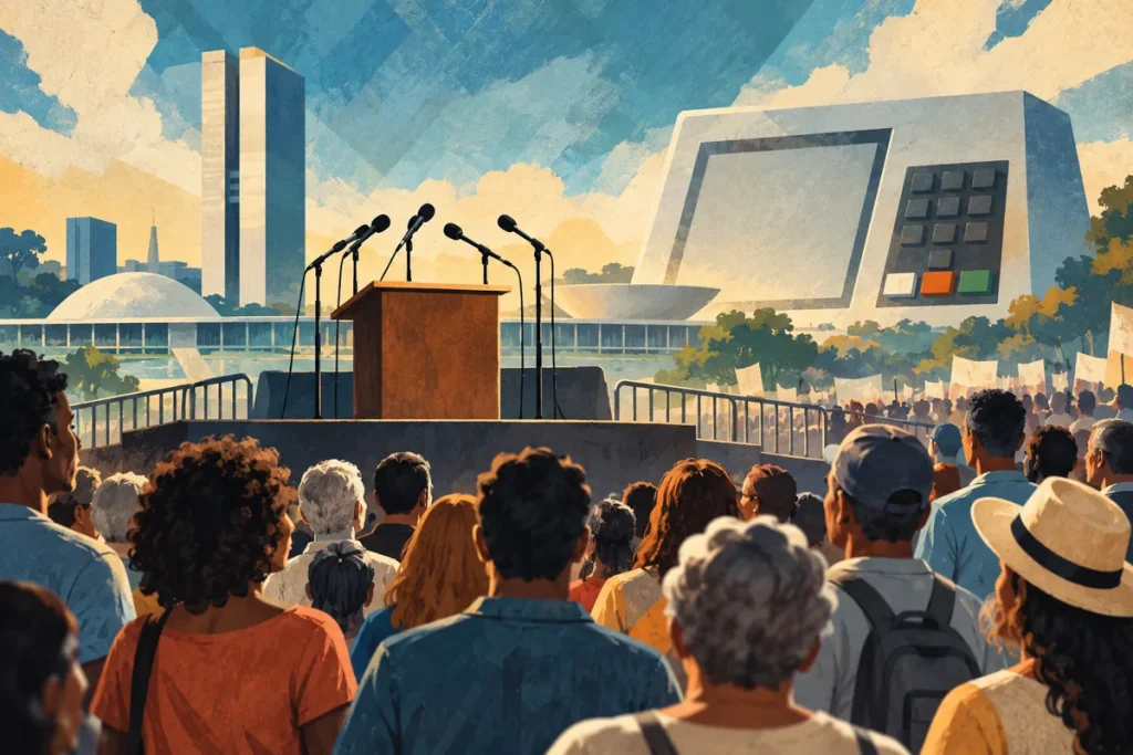 Ilustração editorial gerada por IA sobre presidenciáveis distribuem campanha entre ruas, entrevistas e debate